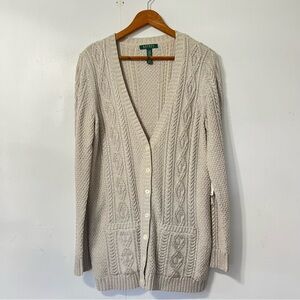 Lauren Ralph Lauren Cream Metallic Thread Knit V-Neck Cardigan Sweater NWT XL